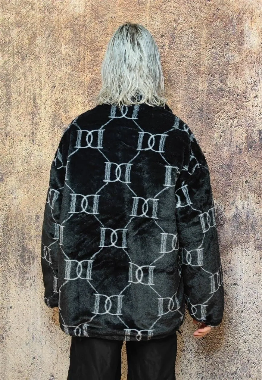 Grunge fleece jacket high fashion fluffy retro bomber black