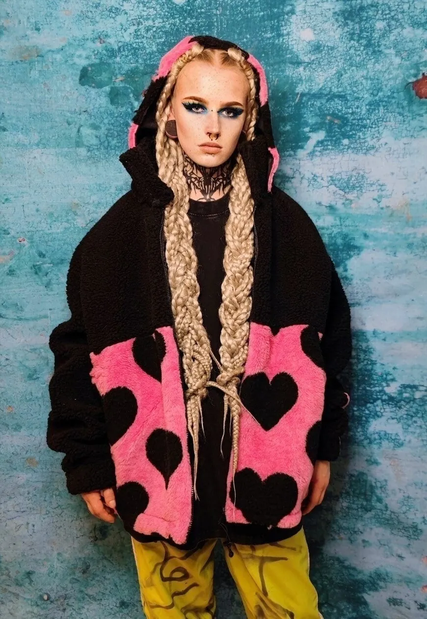 Heart fleece hood jacket handmade fluffy emoji bomber black