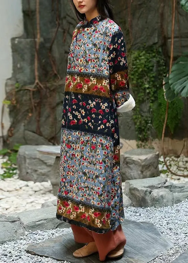 Italian Colorblock Print Patchwork Warm Fleece Dresses Long Dresses Winter ML2356