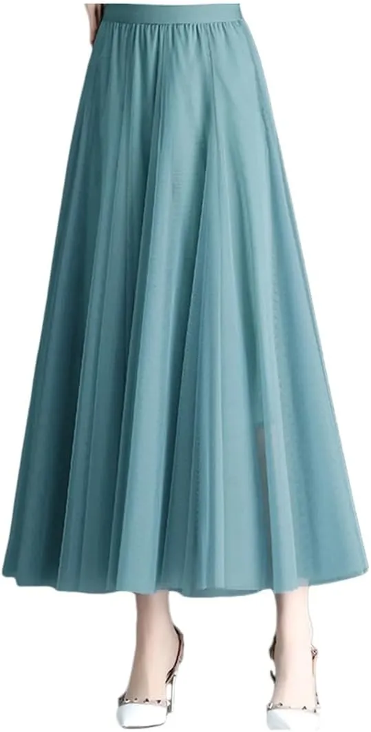 Korean Style Mesh Long Skirt Tiered Tulle Skirts for Women Elegant A Line High Waist Gown Gauze Skirt