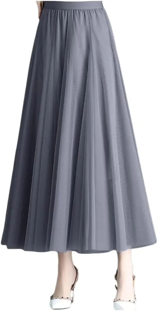 Korean Style Mesh Long Skirt Tiered Tulle Skirts for Women Elegant A Line High Waist Gown Gauze Skirt