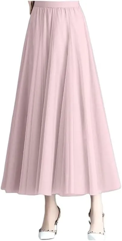 Korean Style Mesh Long Skirt Tiered Tulle Skirts for Women Elegant A Line High Waist Gown Gauze Skirt