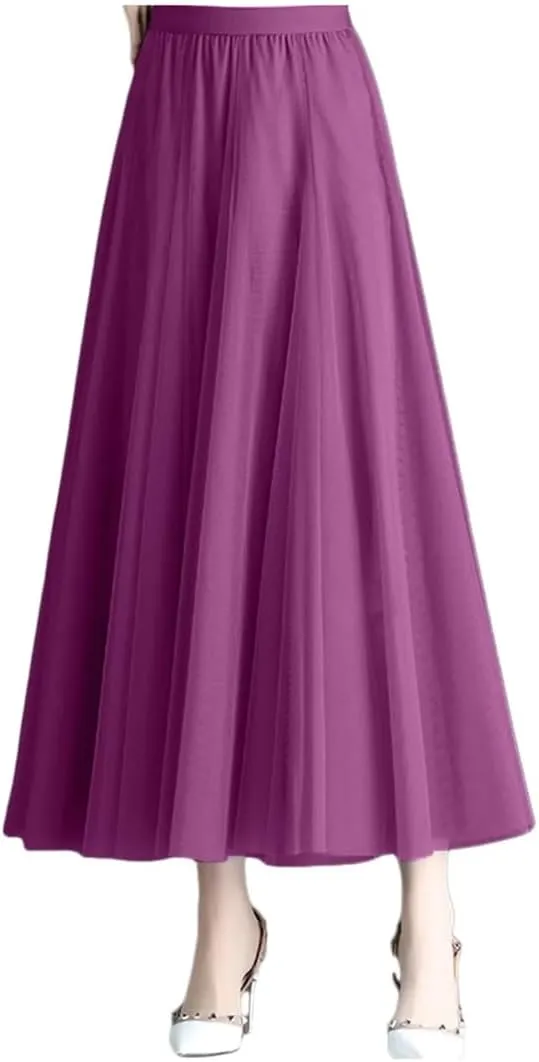 Korean Style Mesh Long Skirt Tiered Tulle Skirts for Women Elegant A Line High Waist Gown Gauze Skirt