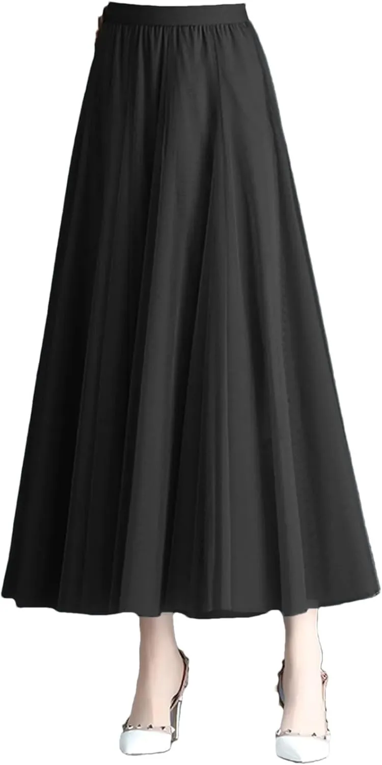 Korean Style Mesh Long Skirt Tiered Tulle Skirts for Women Elegant A Line High Waist Gown Gauze Skirt