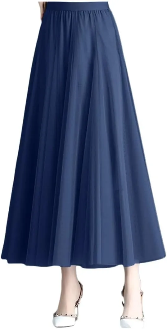 Korean Style Mesh Long Skirt Tiered Tulle Skirts for Women Elegant A Line High Waist Gown Gauze Skirt
