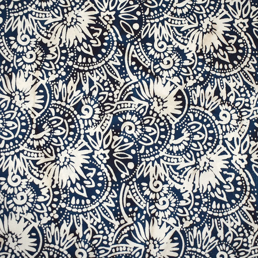 Layered Floral Medallions Batik Cotton Shirting Indigo/Vanilla