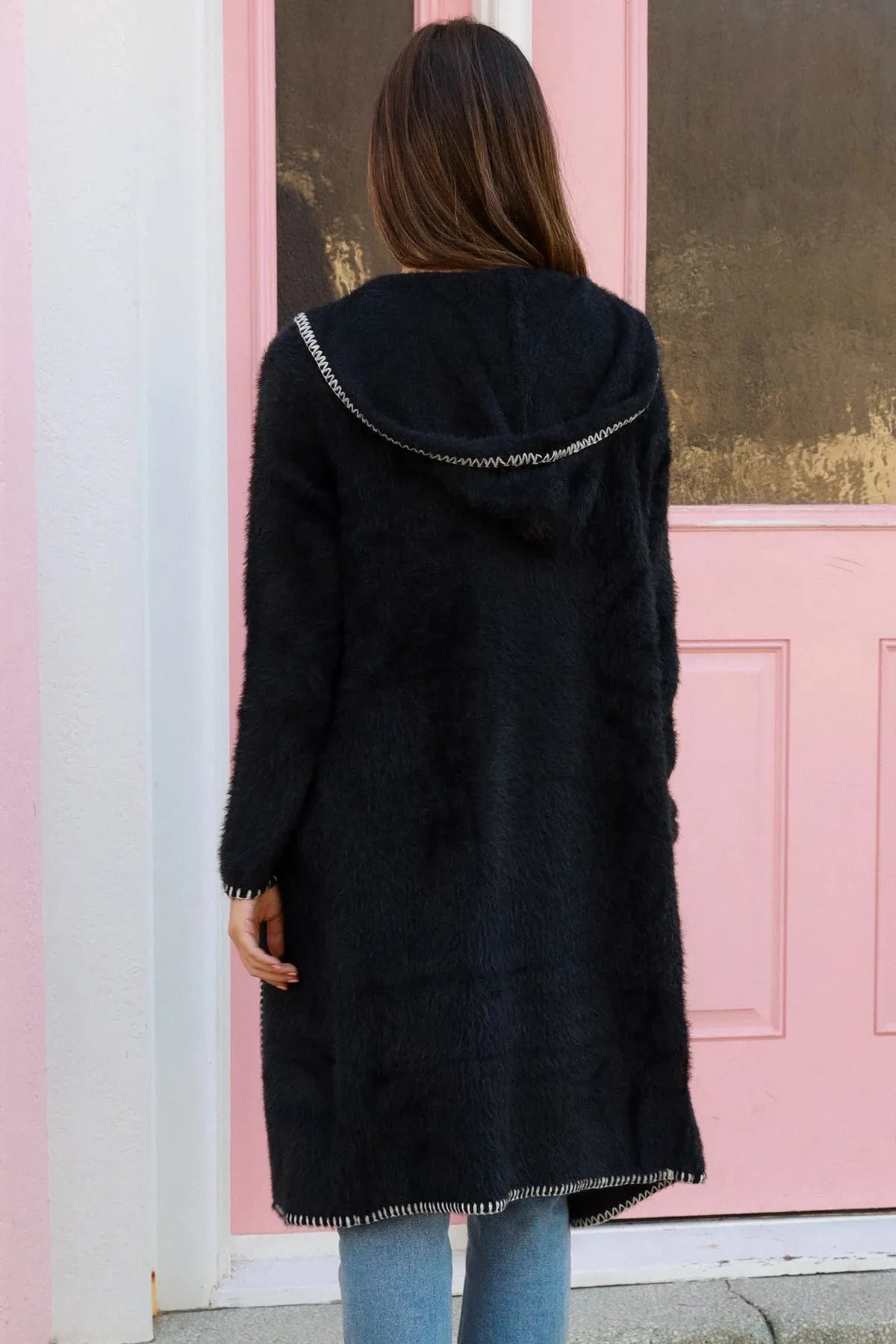 LOLA FLUFFY HOODED KNIT CARDIGAN BLACK