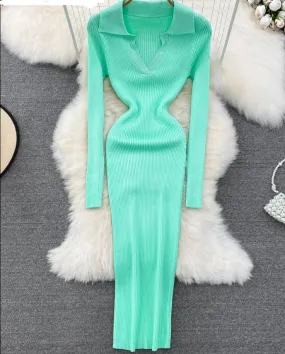 Long Sleeve turned down Neck Knitted Dress