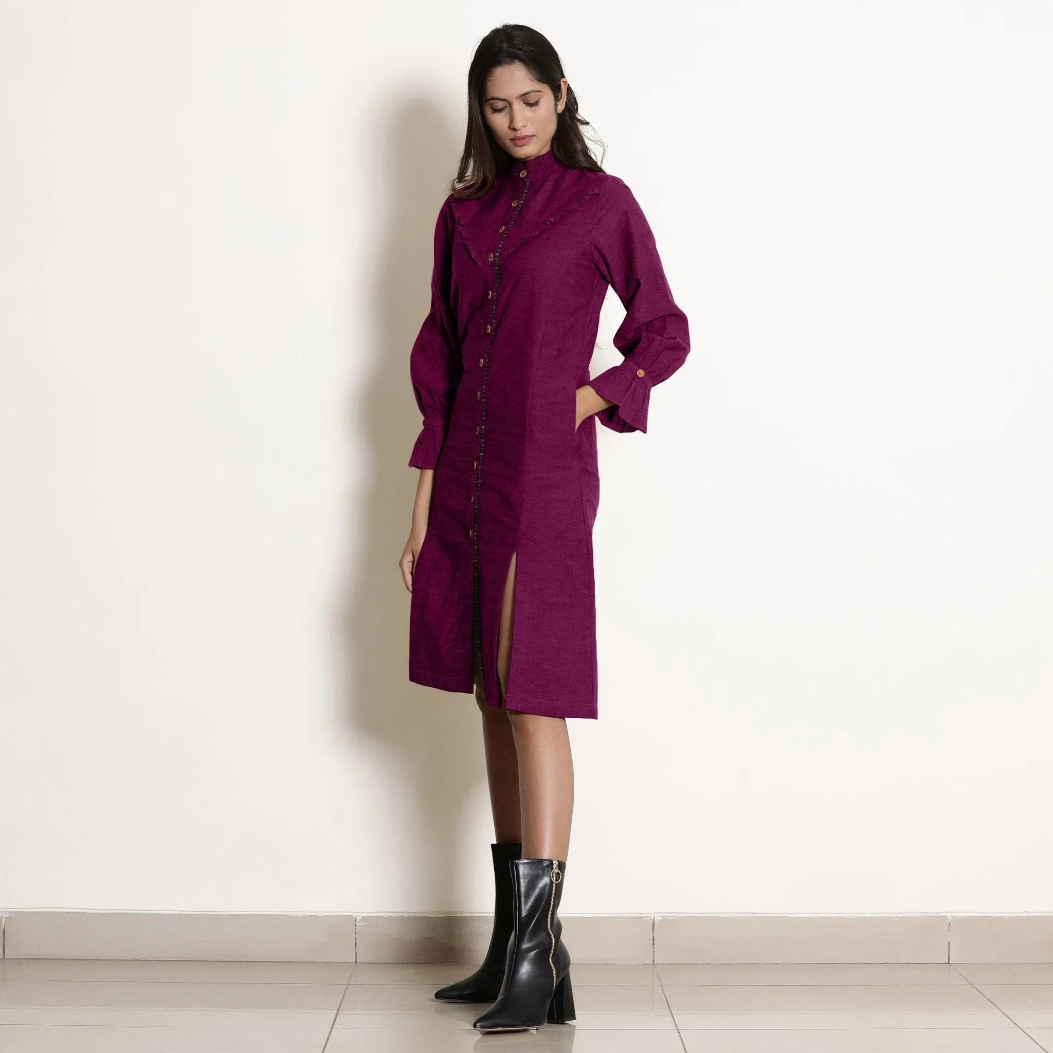 Magenta Warm Cotton Button-Down Knee Length Dress