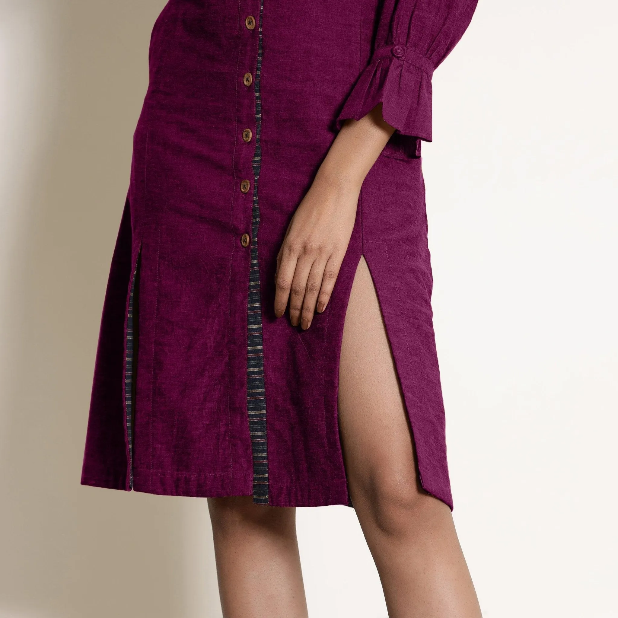 Magenta Warm Cotton Button-Down Knee Length Dress