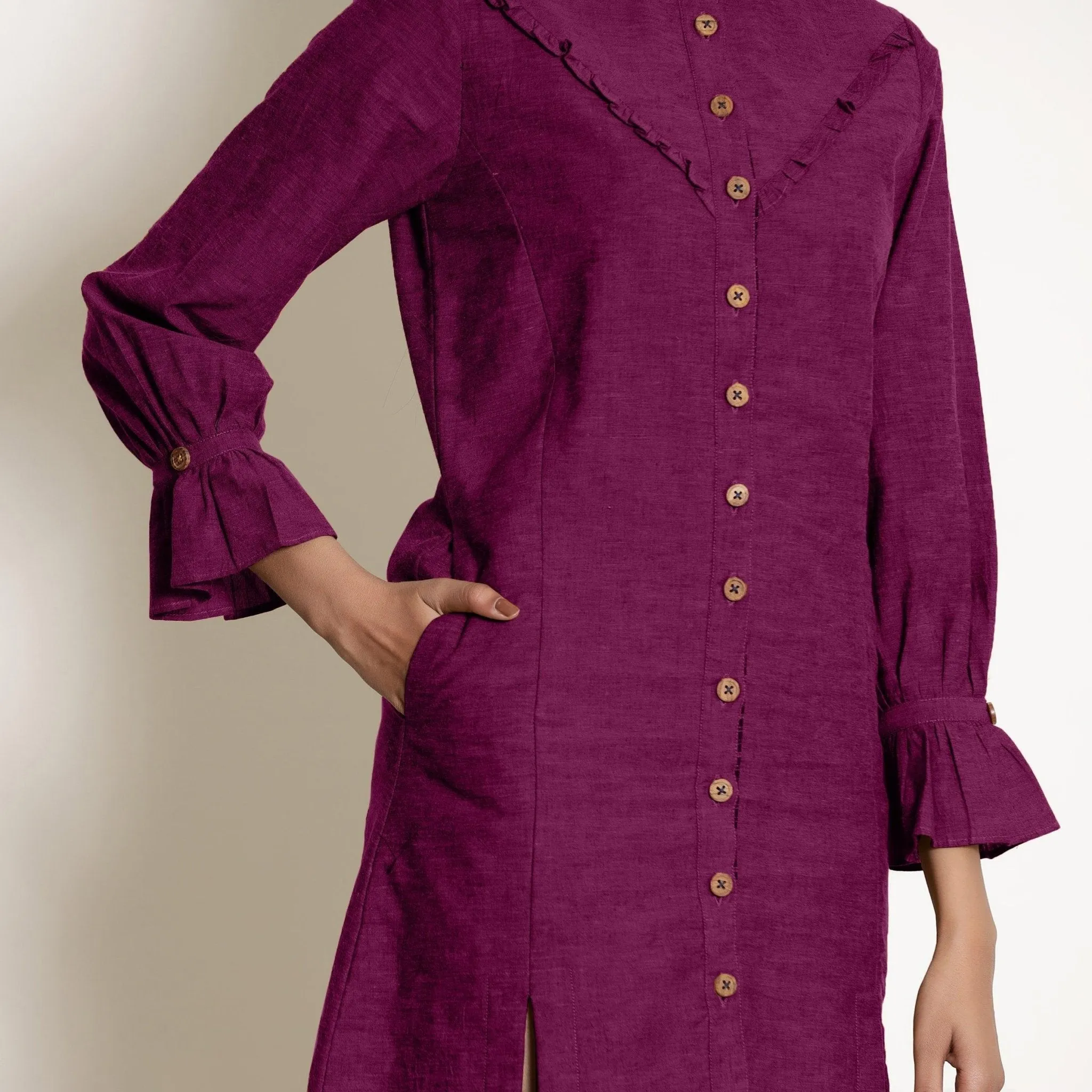 Magenta Warm Cotton Button-Down Knee Length Dress