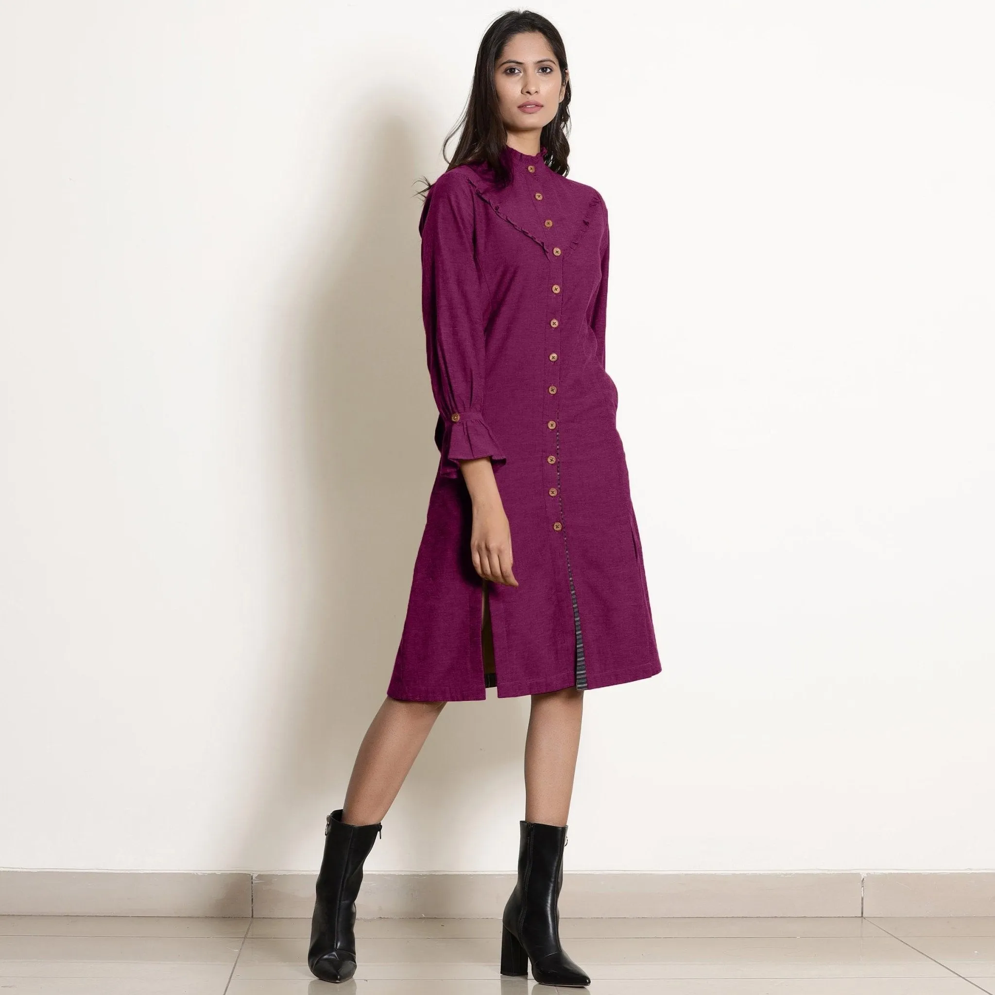 Magenta Warm Cotton Button-Down Knee Length Dress