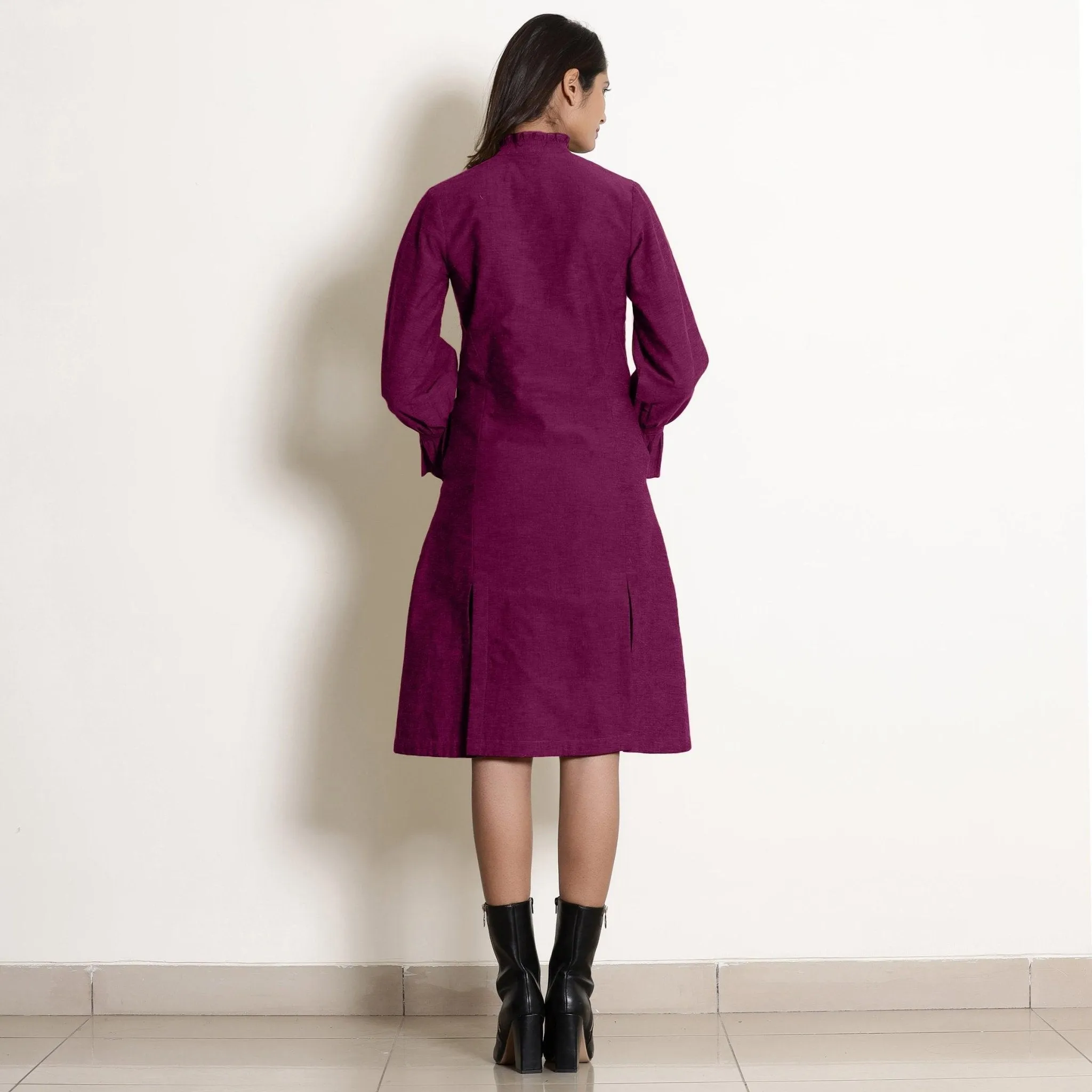 Magenta Warm Cotton Button-Down Knee Length Dress