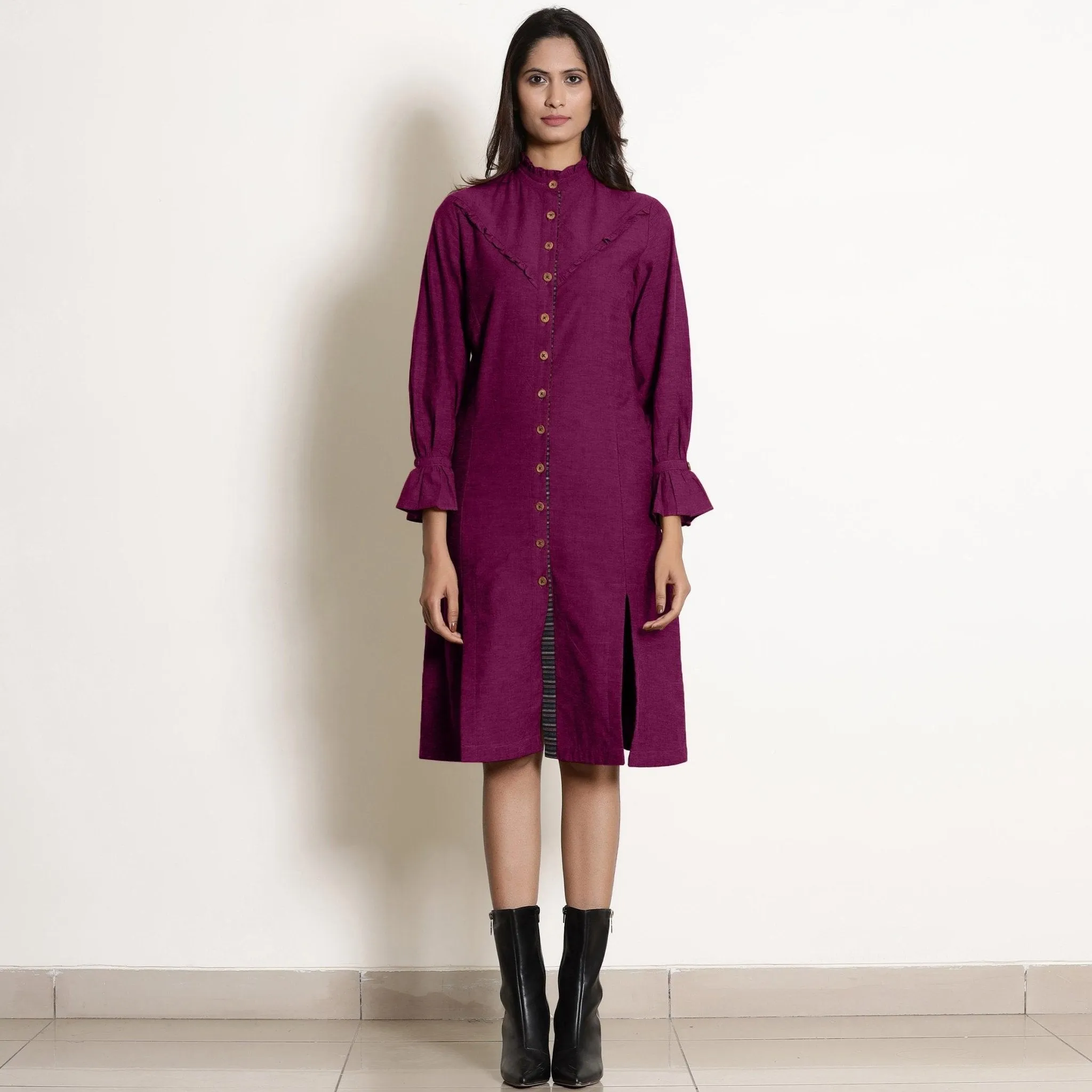Magenta Warm Cotton Button-Down Knee Length Dress