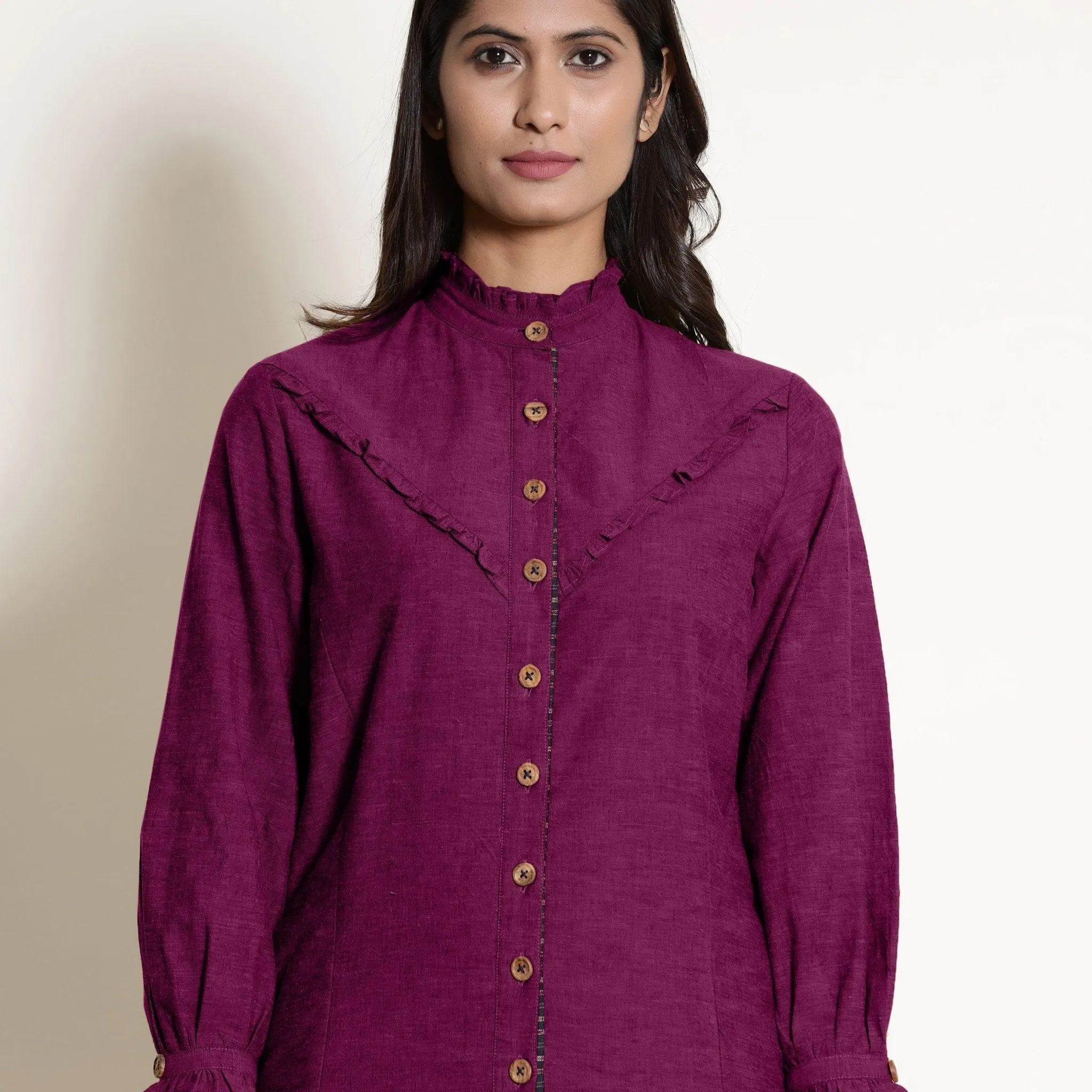 Magenta Warm Cotton Button-Down Knee Length Dress