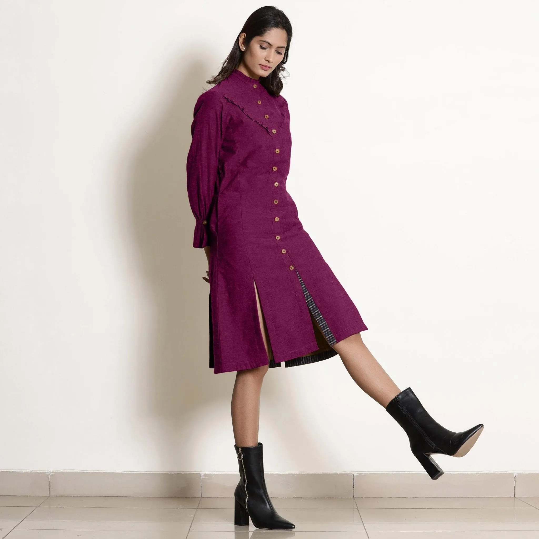 Magenta Warm Cotton Button-Down Knee Length Dress