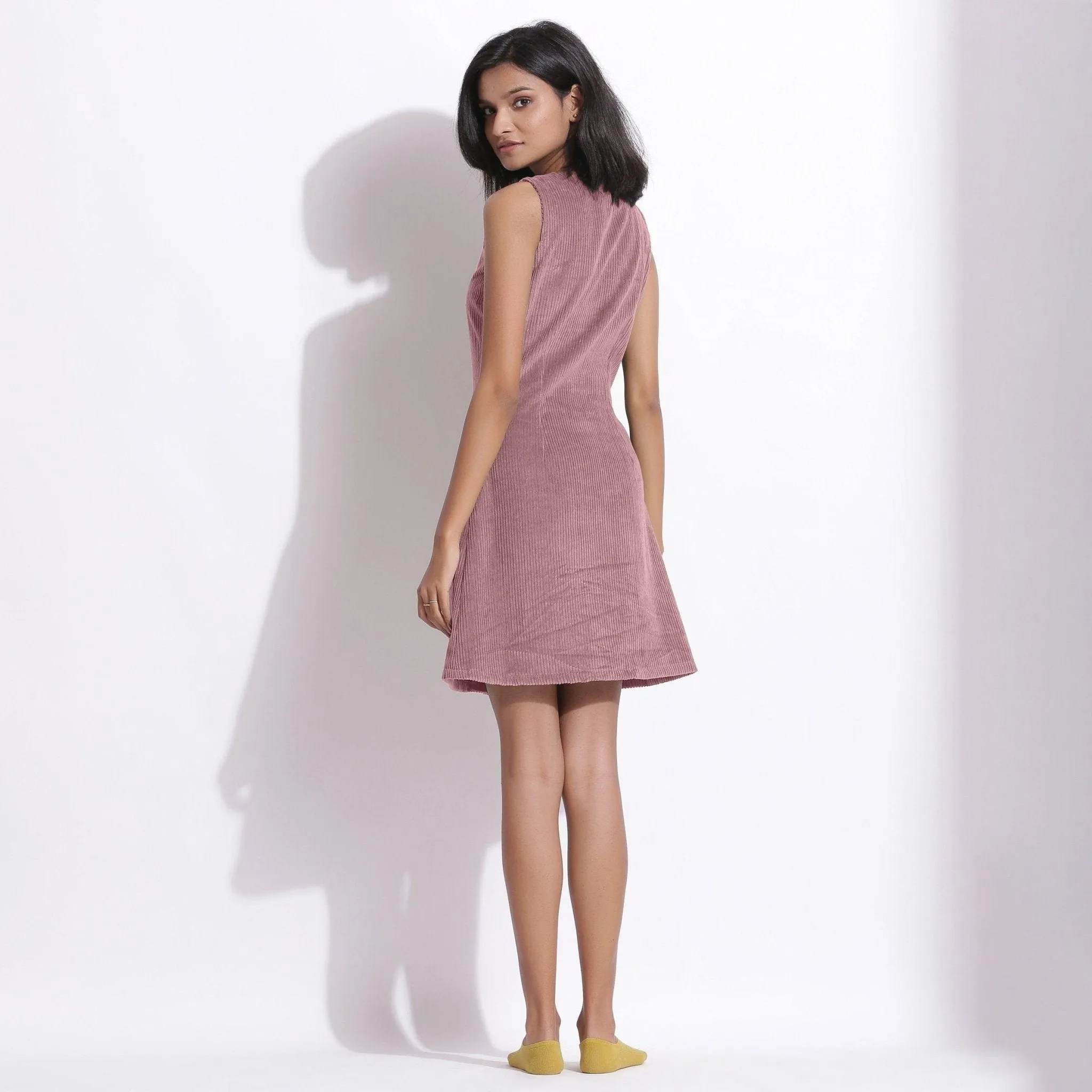 Mauve Warm Cotton Corduroy Button-Down Short Dress