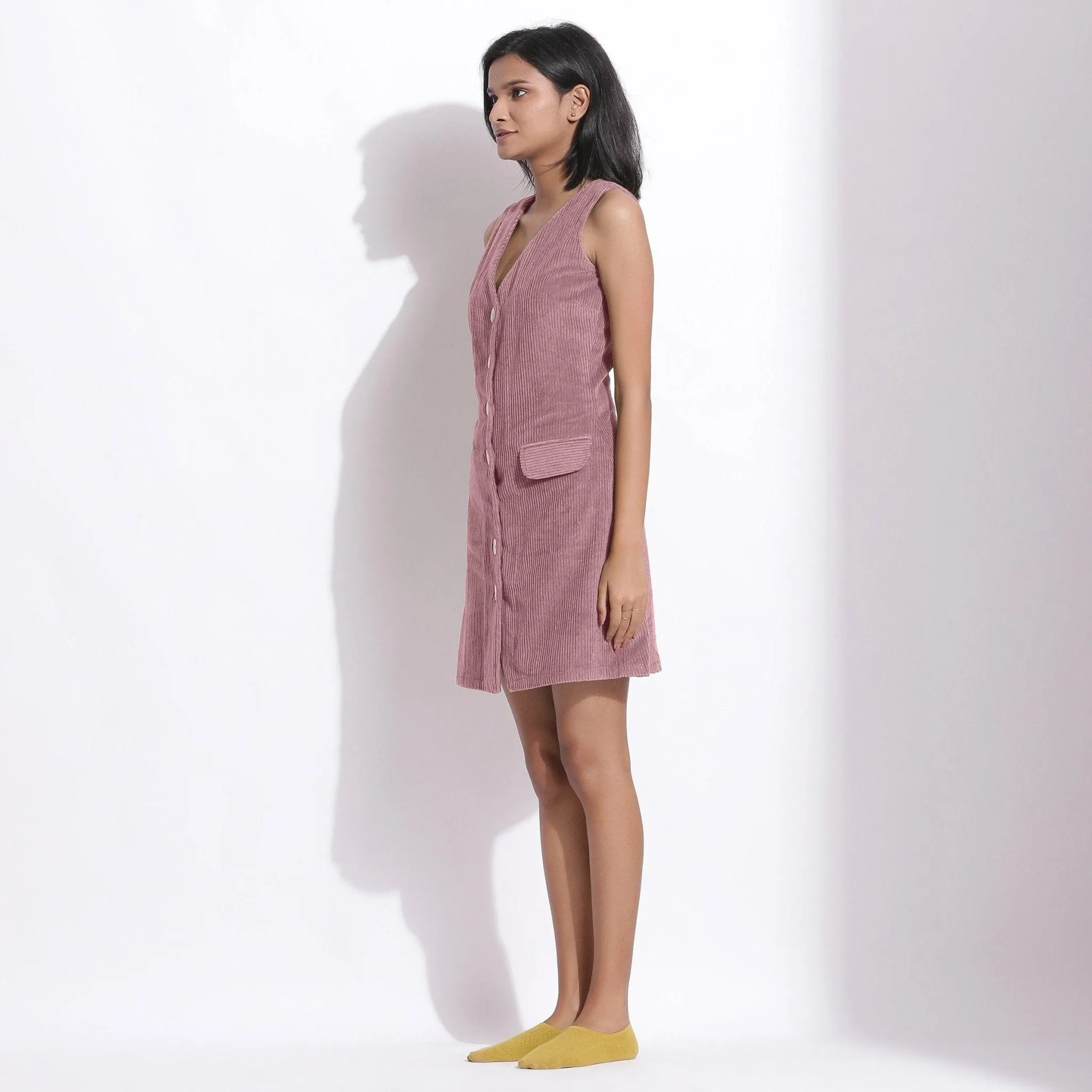 Mauve Warm Cotton Corduroy Button-Down Short Dress