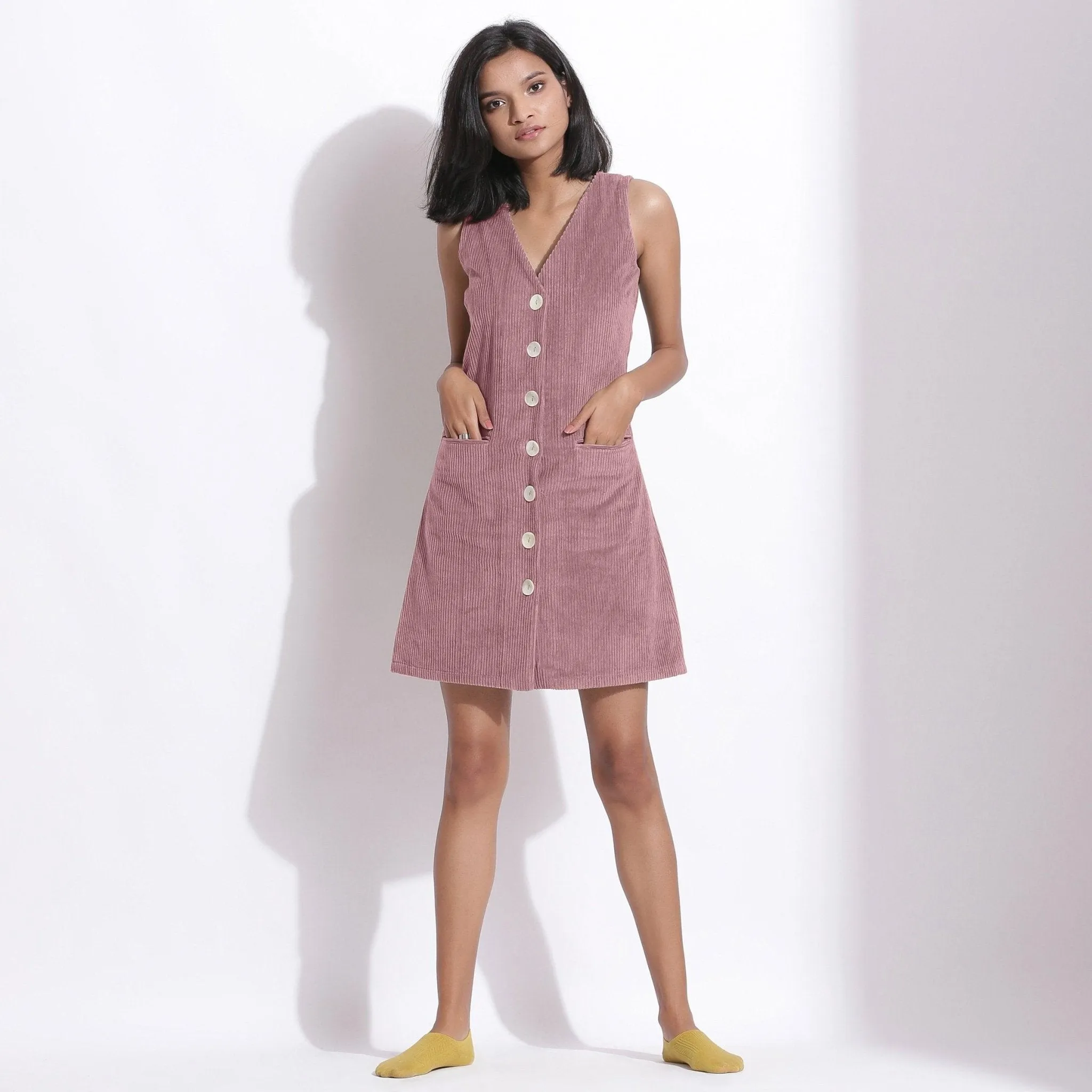 Mauve Warm Cotton Corduroy Button-Down Short Dress