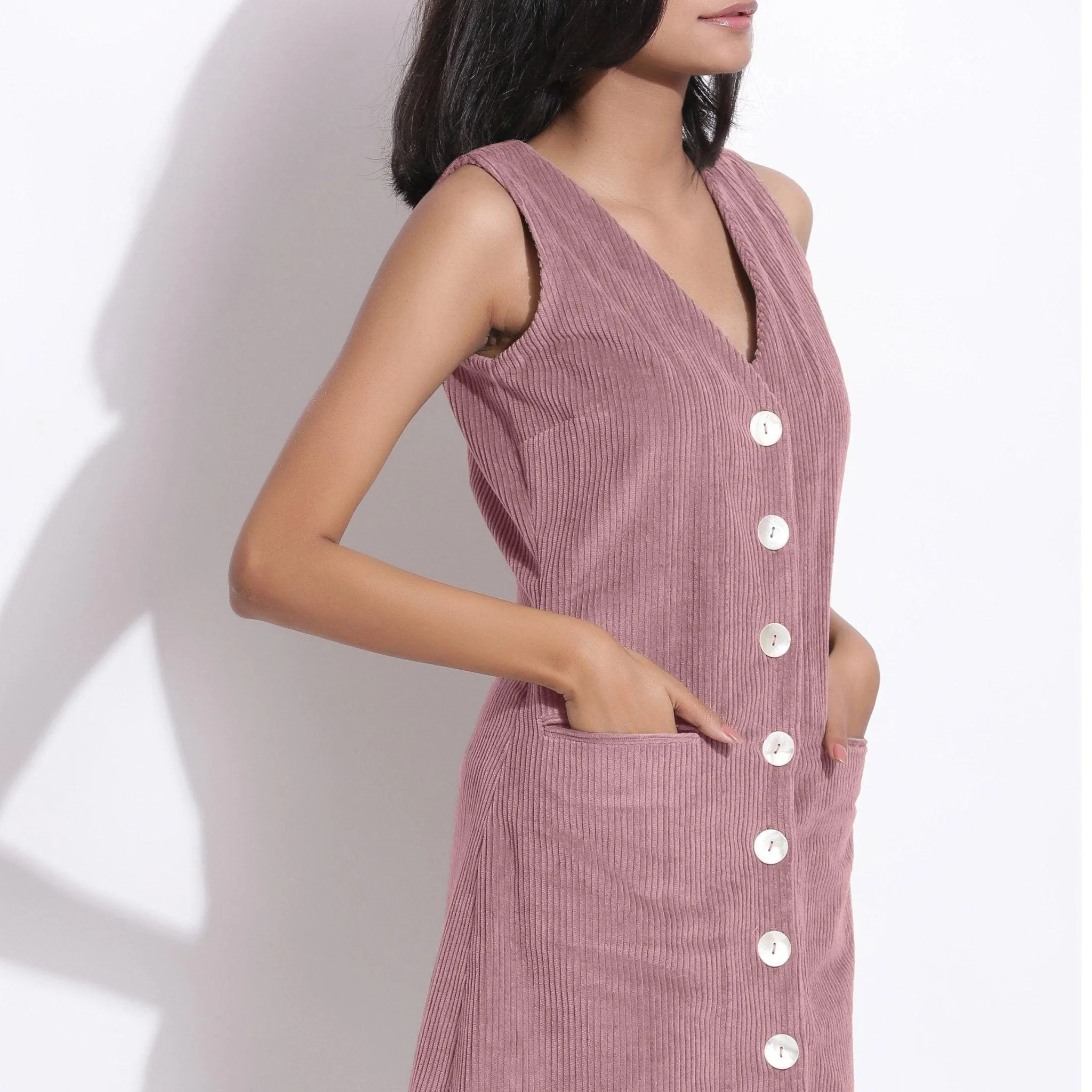 Mauve Warm Cotton Corduroy Button-Down Short Dress