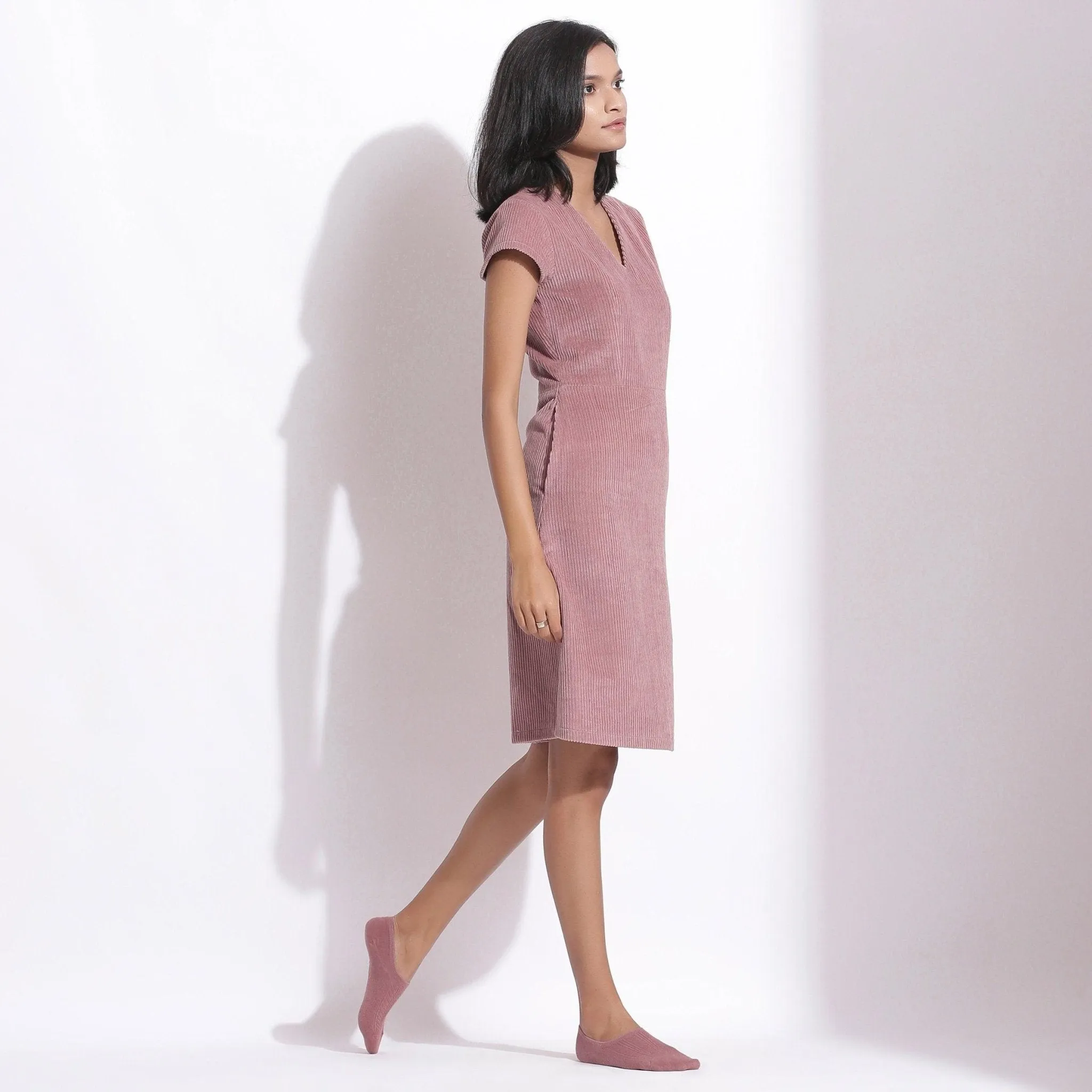 Mauve Warm Cotton Corduroy Knee Length Dress