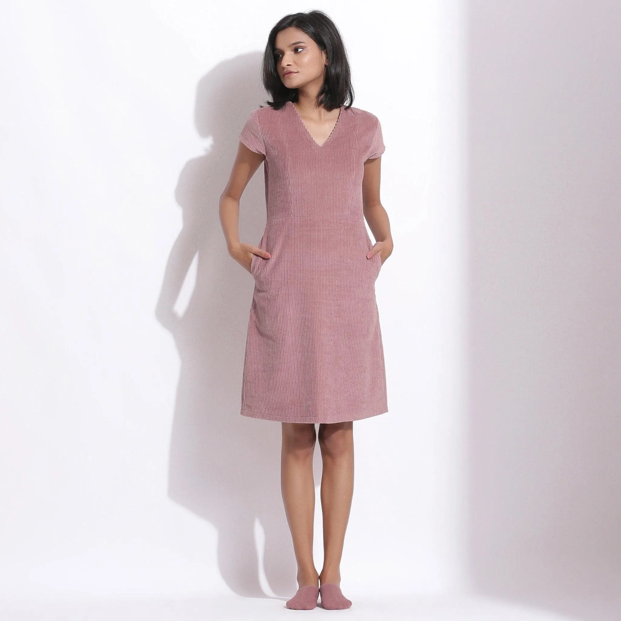 Mauve Warm Cotton Corduroy Knee Length Dress