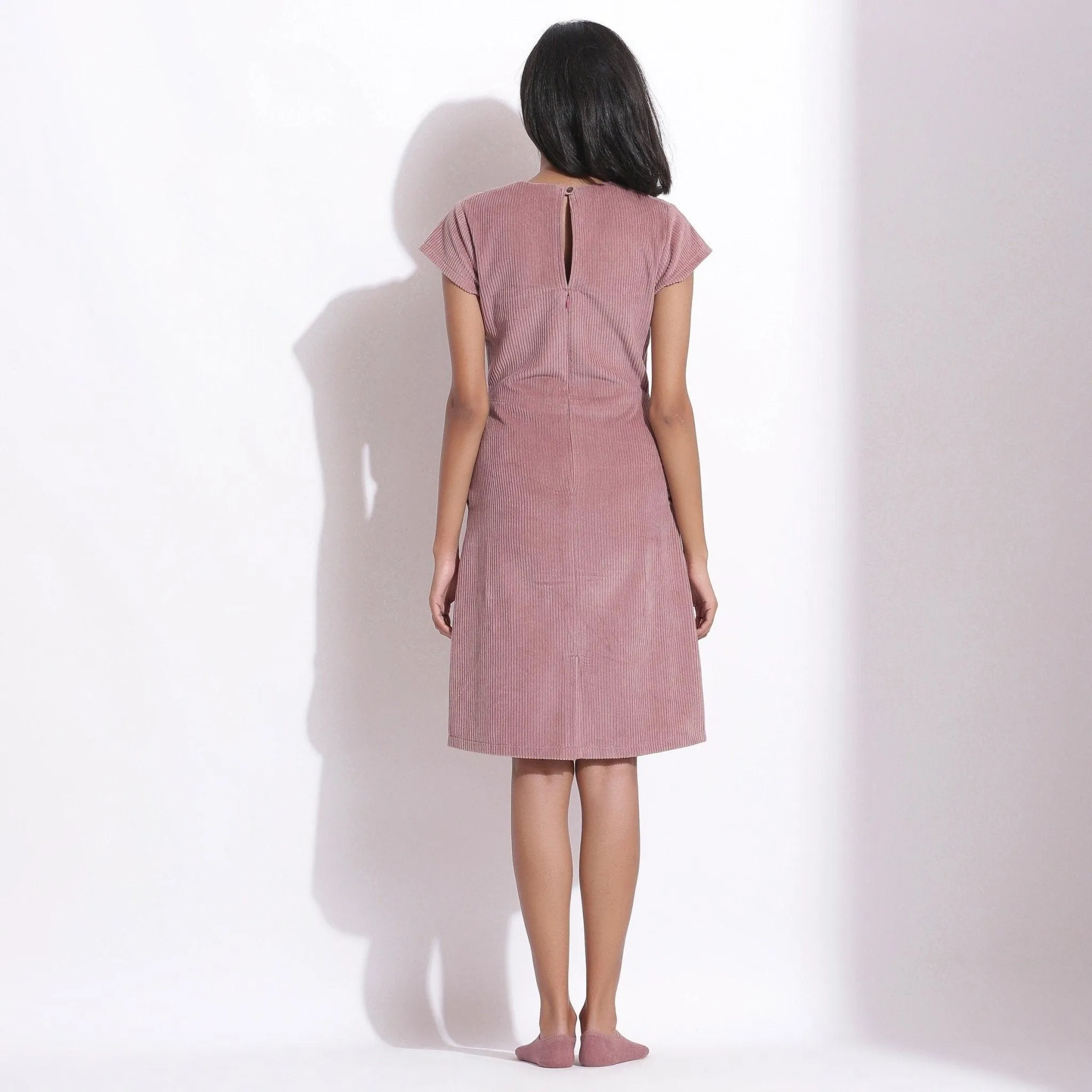 Mauve Warm Cotton Corduroy Knee Length Dress