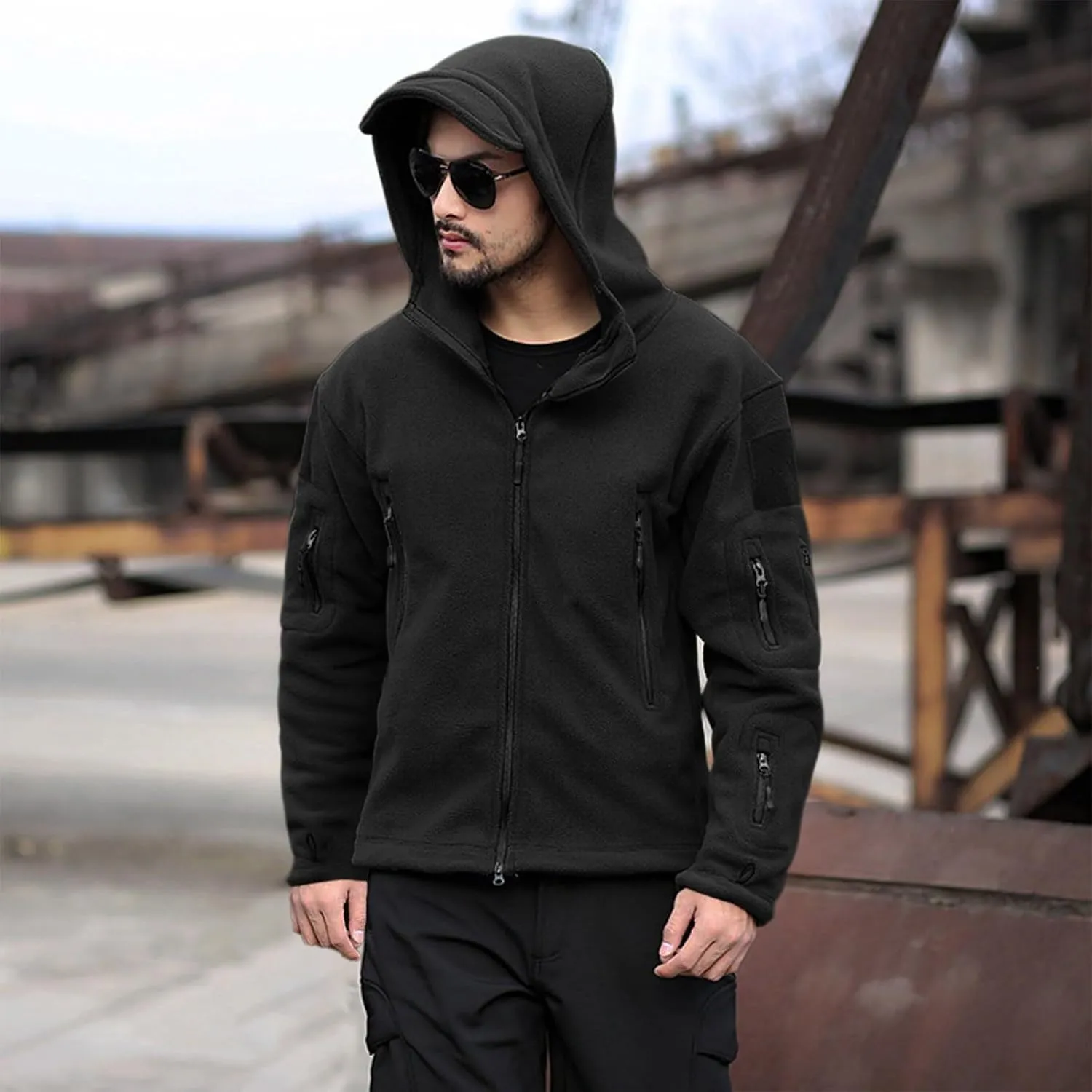 Men's Military Army Jacket Tactical Full Zip Fleece Hoodie Outdoor Hiking Sport Warm Coat Pocket with Zipper Fall Winter