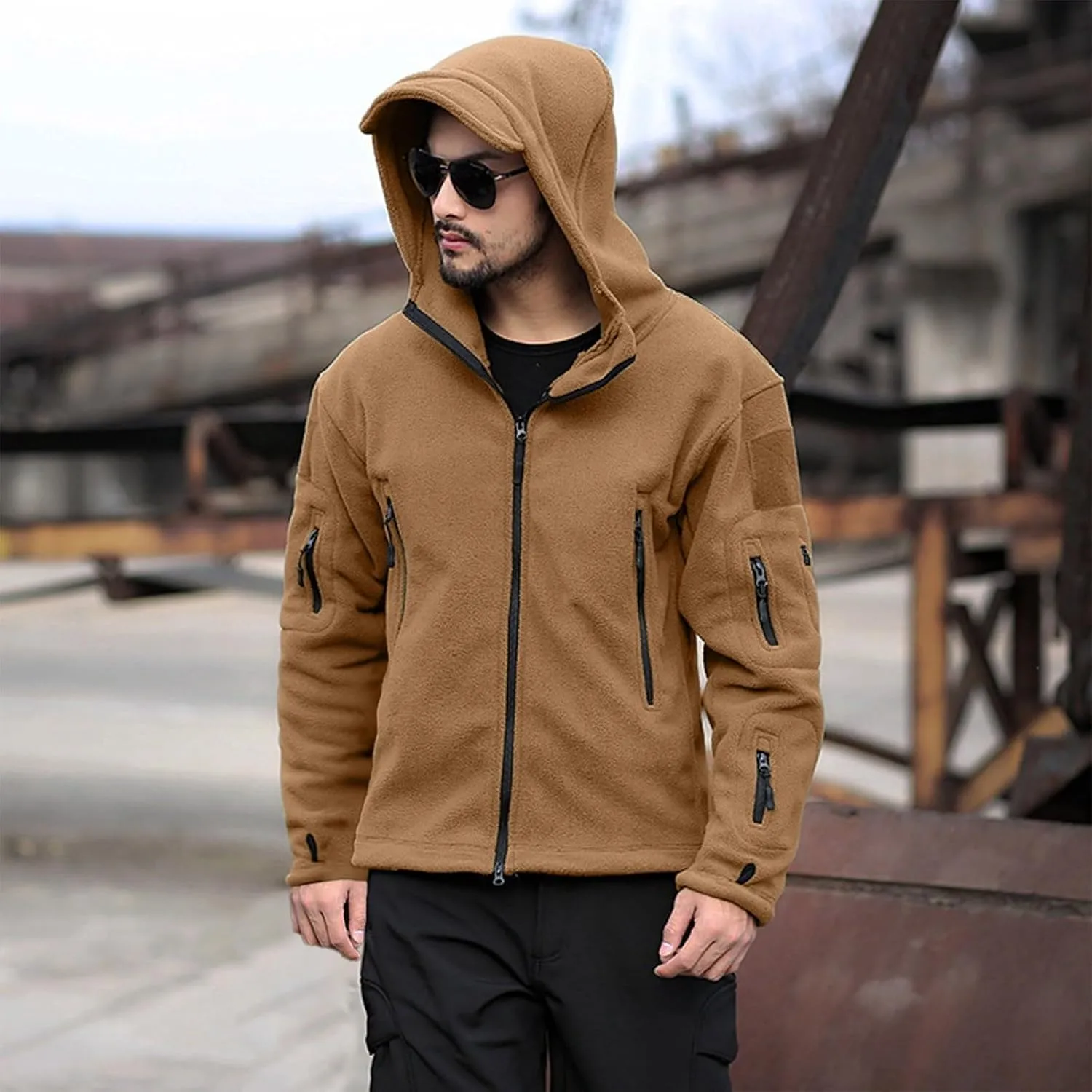 Men's Military Army Jacket Tactical Full Zip Fleece Hoodie Outdoor Hiking Sport Warm Coat Pocket with Zipper Fall Winter