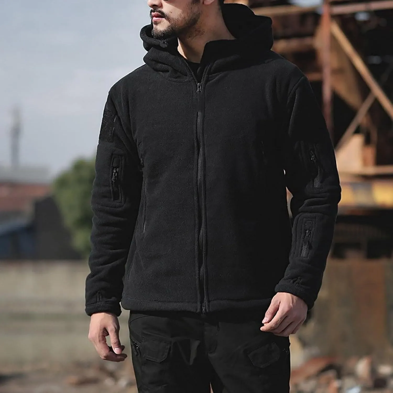 Men's Military Army Jacket Tactical Full Zip Fleece Hoodie Outdoor Hiking Sport Warm Coat Pocket with Zipper Fall Winter