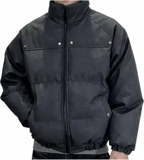 Men's Winter Puffer Jackets Down Coats Faux Leather Jacket Warm Motorcycle Outerwear Thick Padded Overcoats