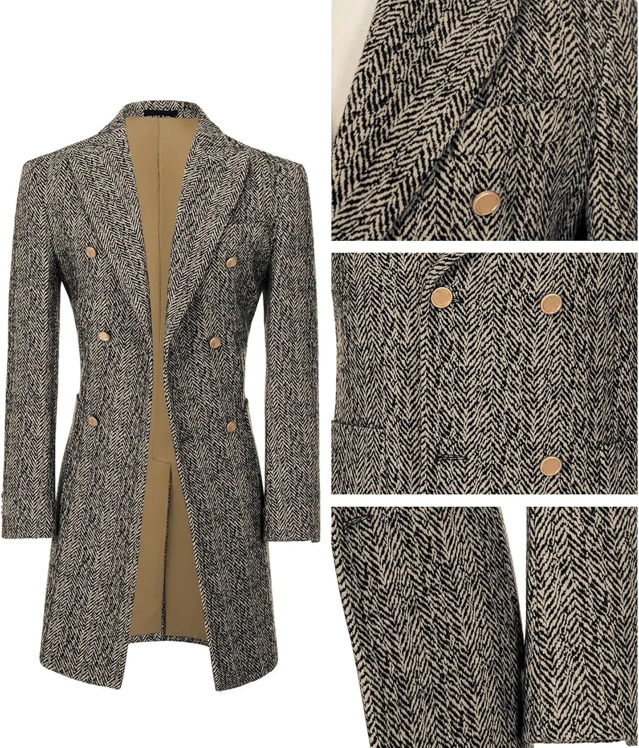 Men's Wool Jackets & Coats Herringbone Casual Winter Trench Coat Long Jacket Warm Overcoat Peacoat for Men
