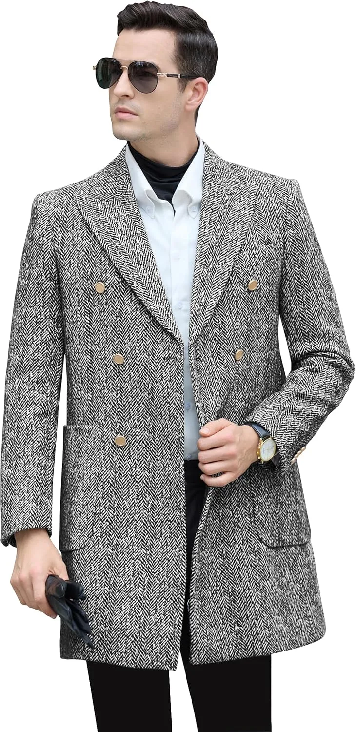 Men's Wool Jackets & Coats Herringbone Casual Winter Trench Coat Long Jacket Warm Overcoat Peacoat for Men