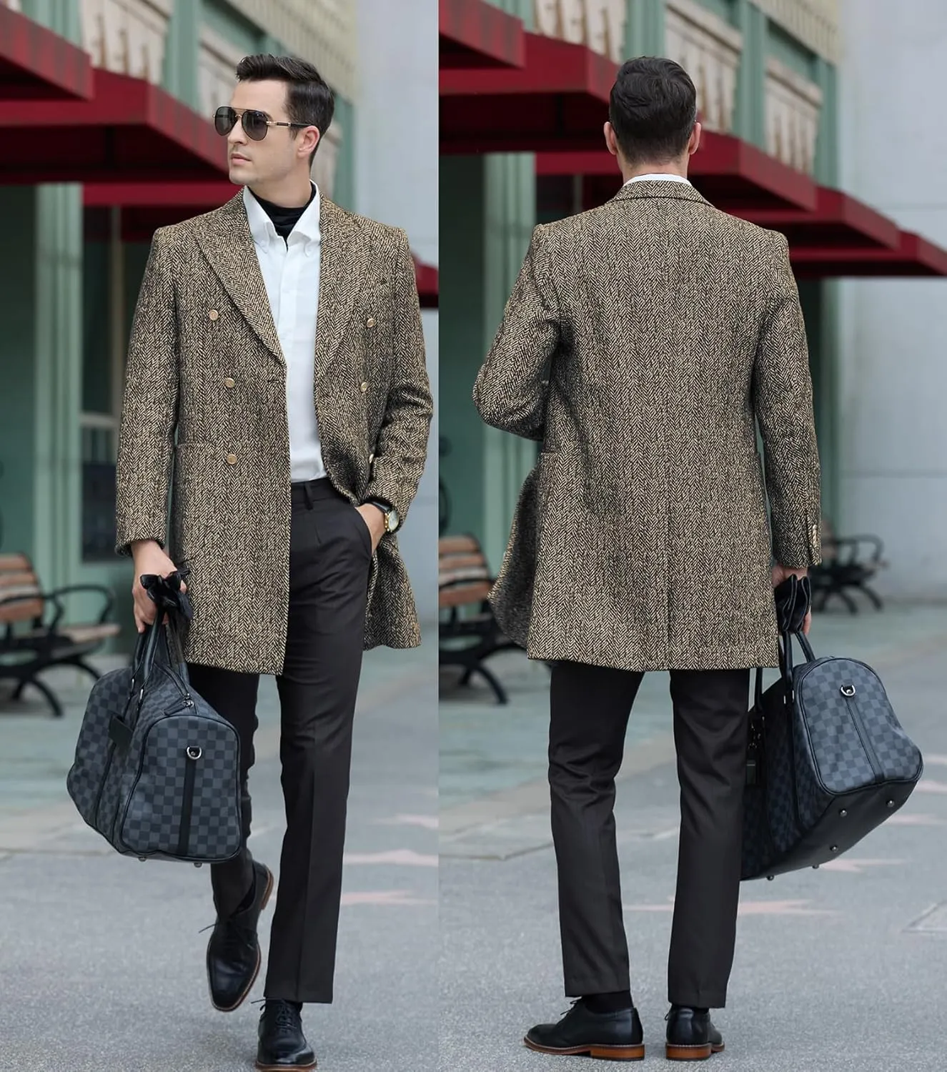 Men's Wool Jackets & Coats Herringbone Casual Winter Trench Coat Long Jacket Warm Overcoat Peacoat for Men