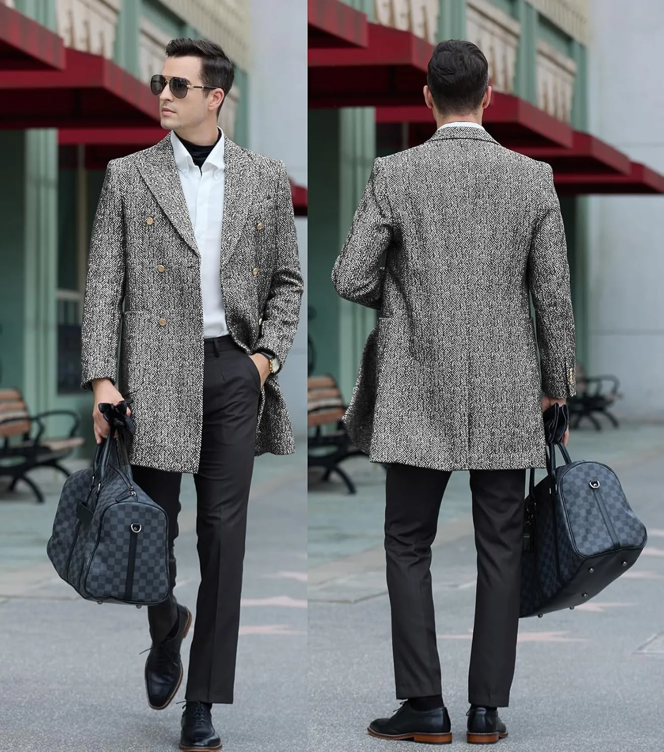 Men's Wool Jackets & Coats Herringbone Casual Winter Trench Coat Long Jacket Warm Overcoat Peacoat for Men