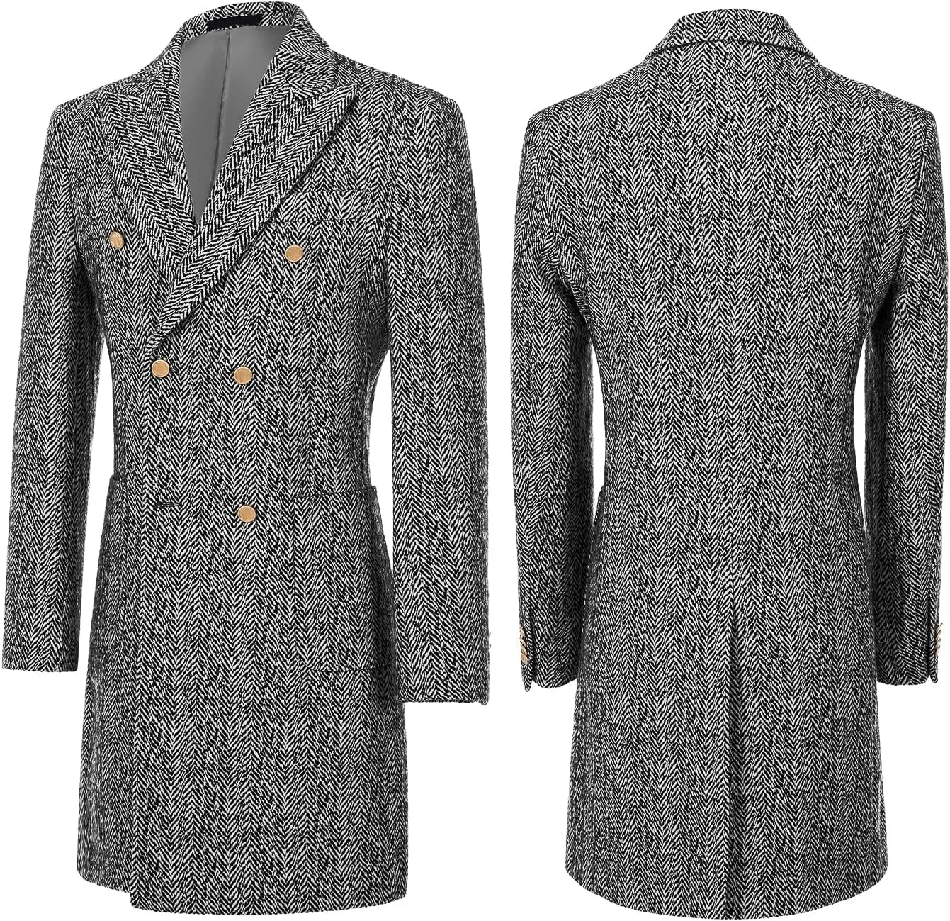 Men's Wool Jackets & Coats Herringbone Casual Winter Trench Coat Long Jacket Warm Overcoat Peacoat for Men