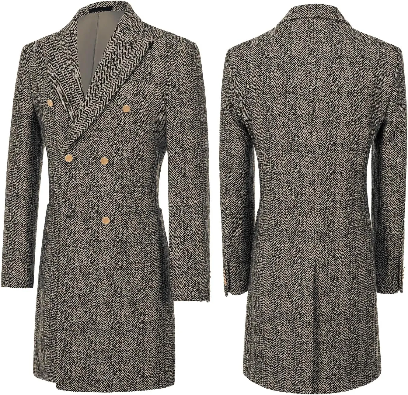 Men's Wool Jackets & Coats Herringbone Casual Winter Trench Coat Long Jacket Warm Overcoat Peacoat for Men
