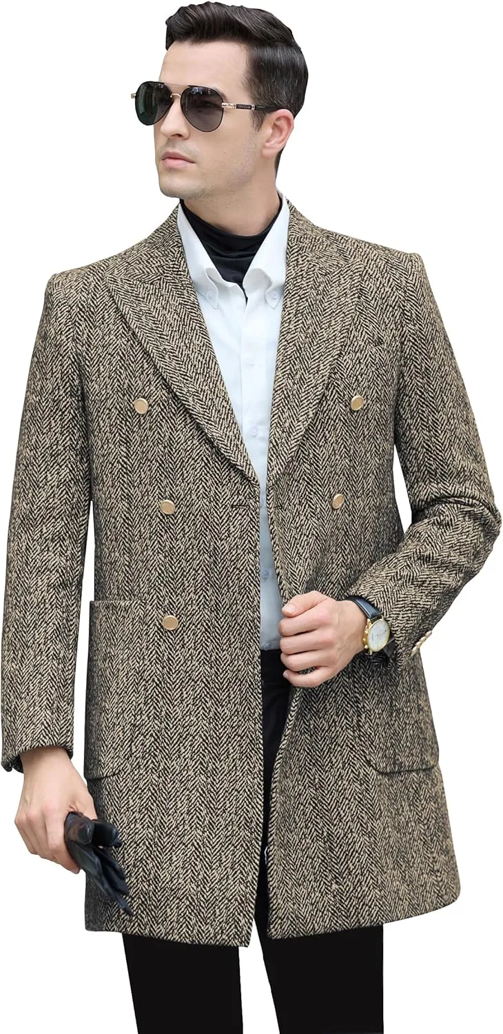Men's Wool Jackets & Coats Herringbone Casual Winter Trench Coat Long Jacket Warm Overcoat Peacoat for Men