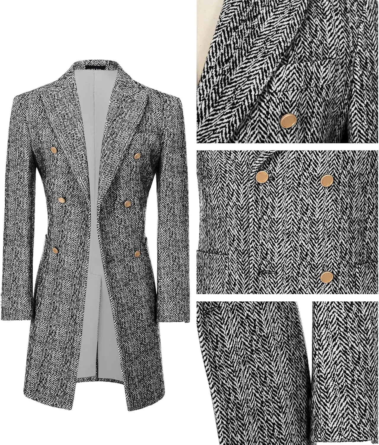 Men's Wool Jackets & Coats Herringbone Casual Winter Trench Coat Long Jacket Warm Overcoat Peacoat for Men