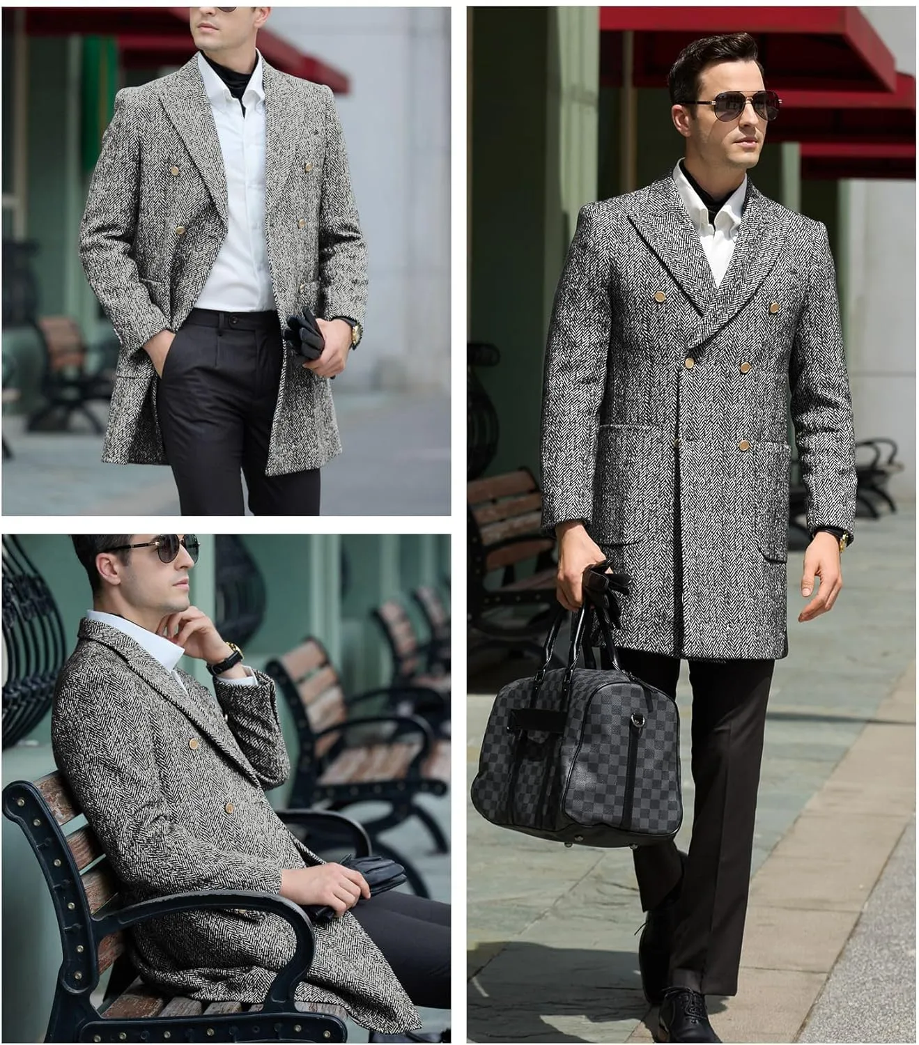 Men's Wool Jackets & Coats Herringbone Casual Winter Trench Coat Long Jacket Warm Overcoat Peacoat for Men