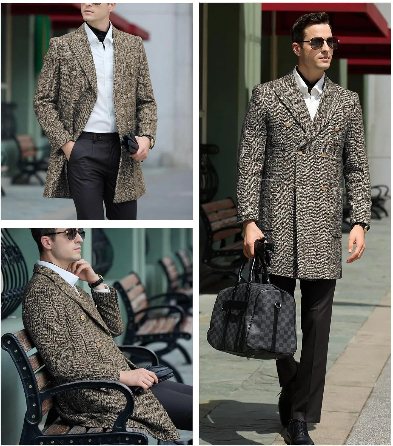 Men's Wool Jackets & Coats Herringbone Casual Winter Trench Coat Long Jacket Warm Overcoat Peacoat for Men