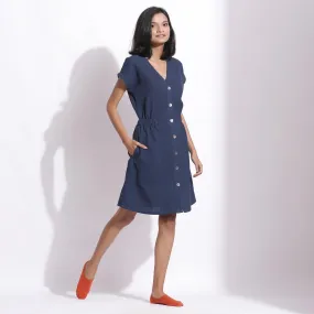 Navy Blue Warm Cotton Waffle Knee Length Button-Down Dress