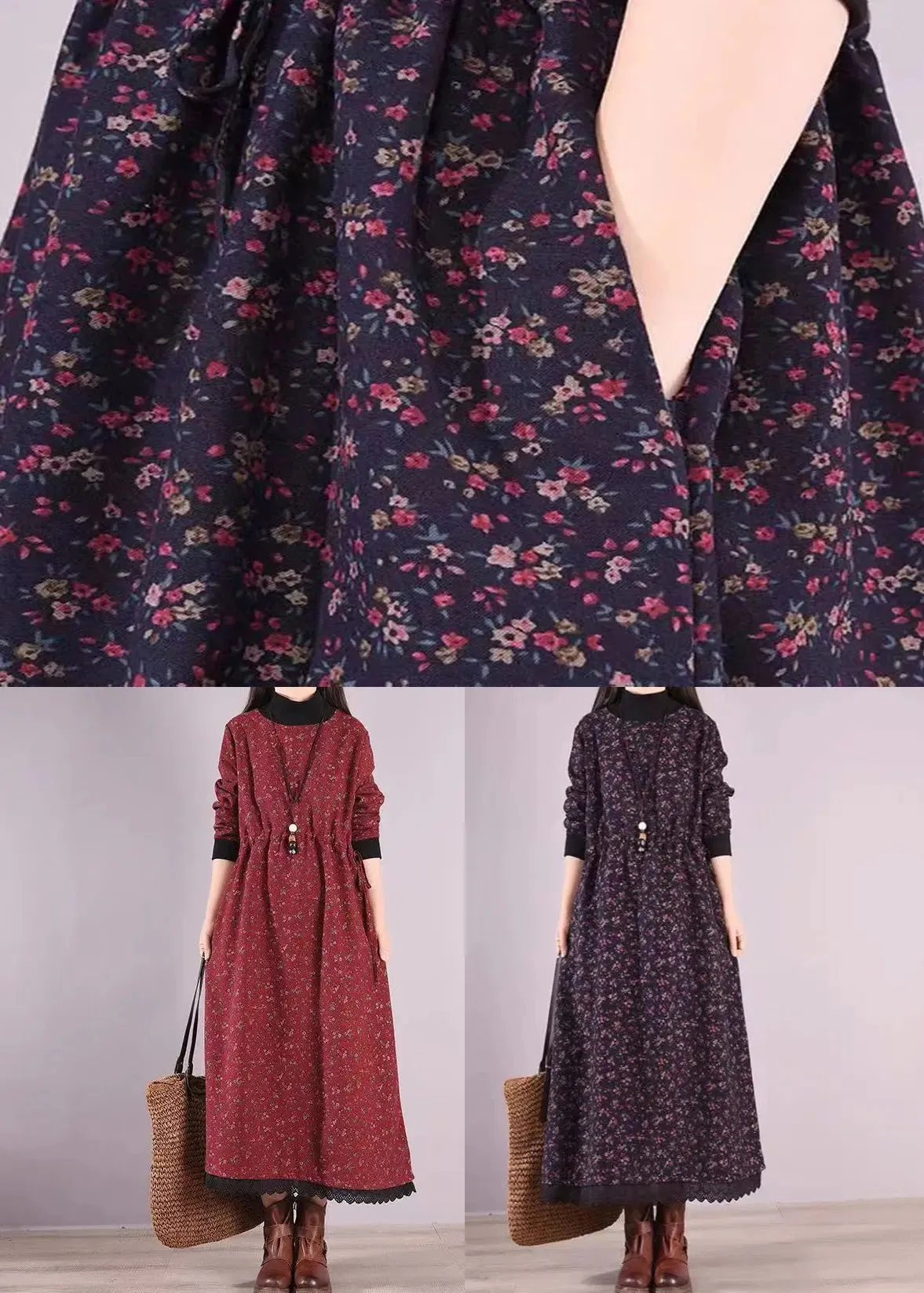 Navy Print Pockets Patchwork Warm Fleece Dresses Drawstring Winter ML0564