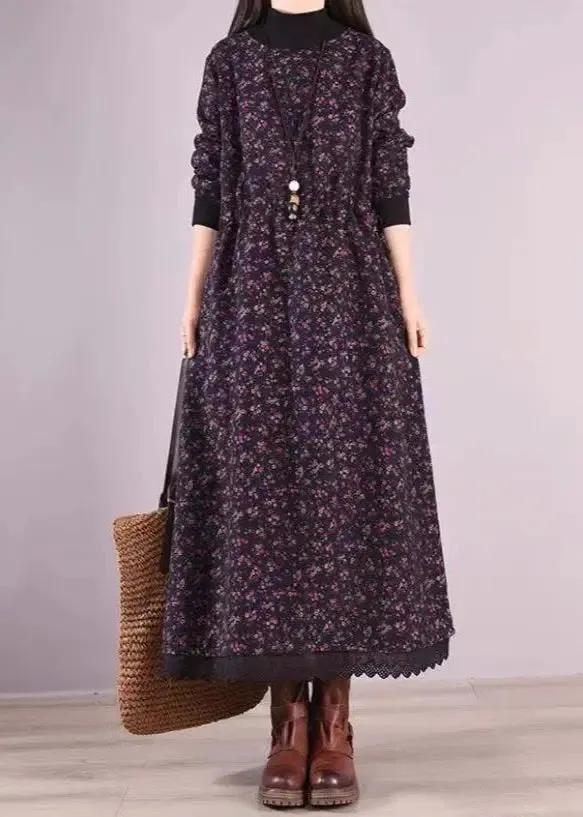 Navy Print Pockets Patchwork Warm Fleece Dresses Drawstring Winter ML0564