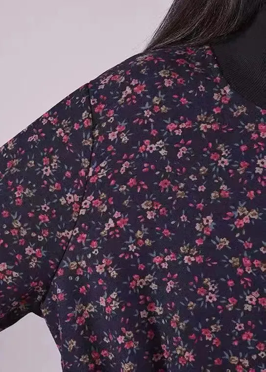 Navy Print Pockets Patchwork Warm Fleece Dresses Drawstring Winter ML0564