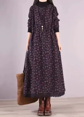 Navy Print Pockets Patchwork Warm Fleece Dresses Drawstring Winter ML0564