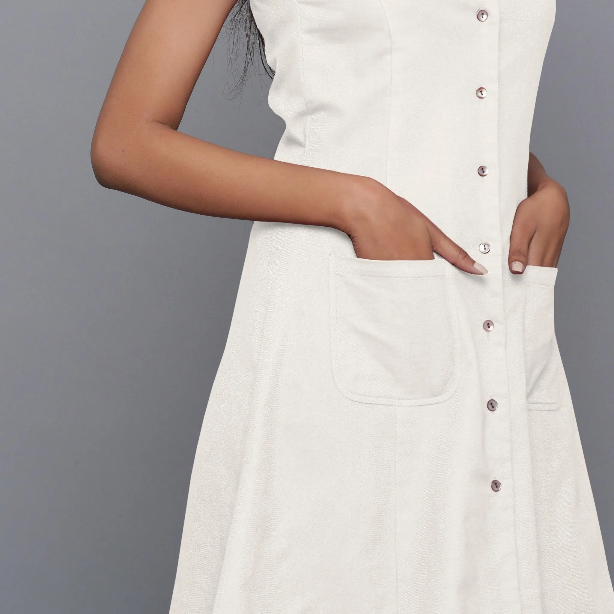 Off-White Warm Cotton Flannel Button-Down Short Dress