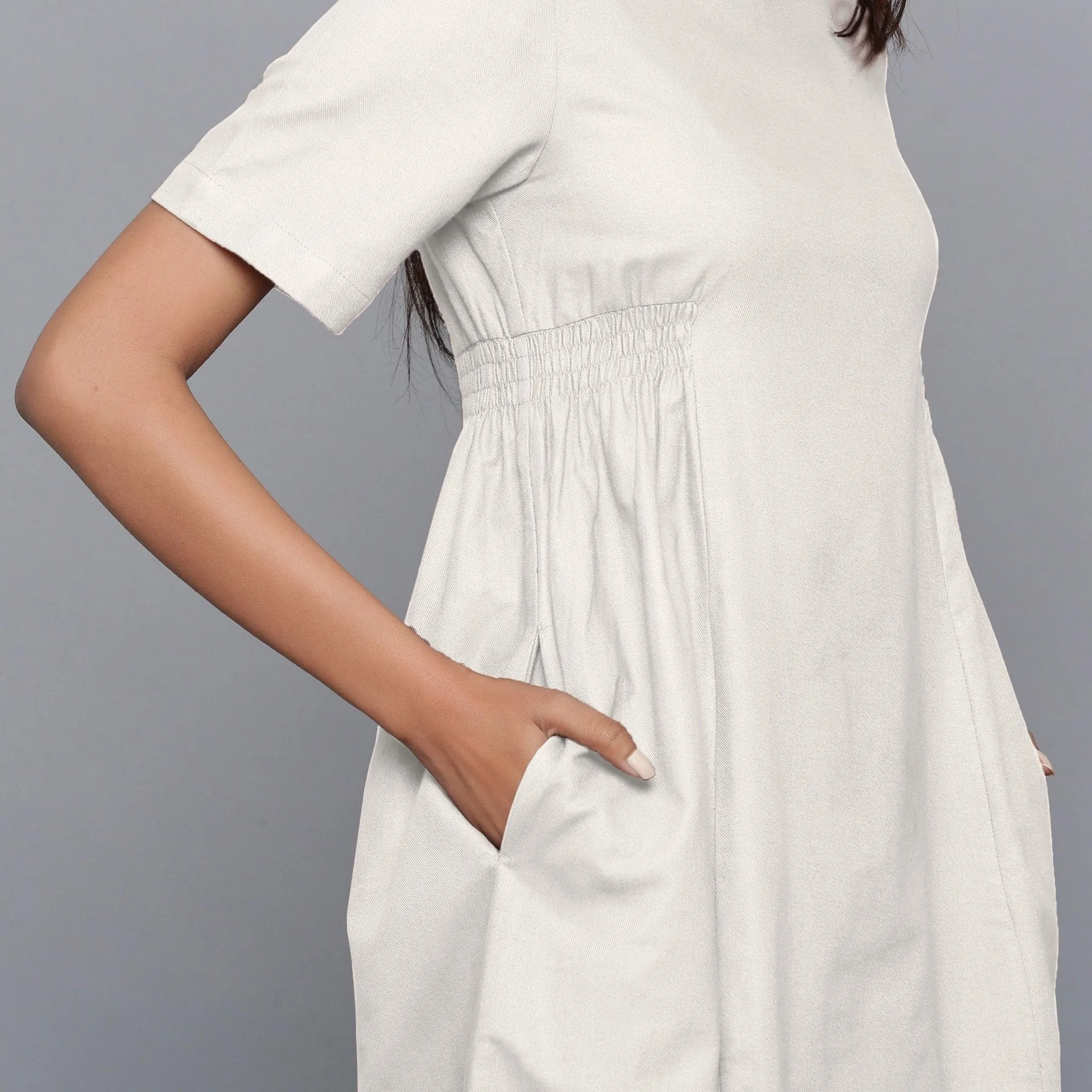 Off-White Warm Cotton Flannel Knee Length Dress