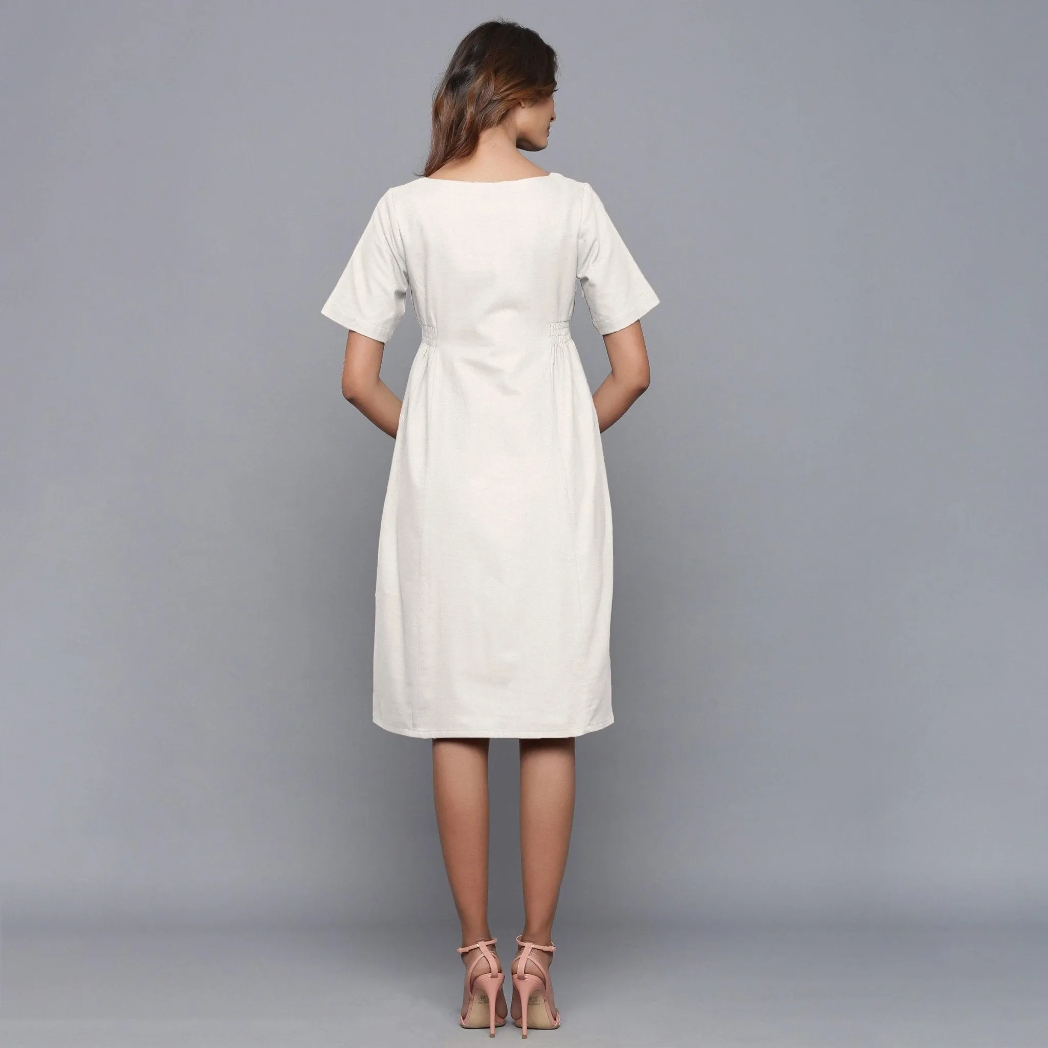 Off-White Warm Cotton Flannel Knee Length Dress