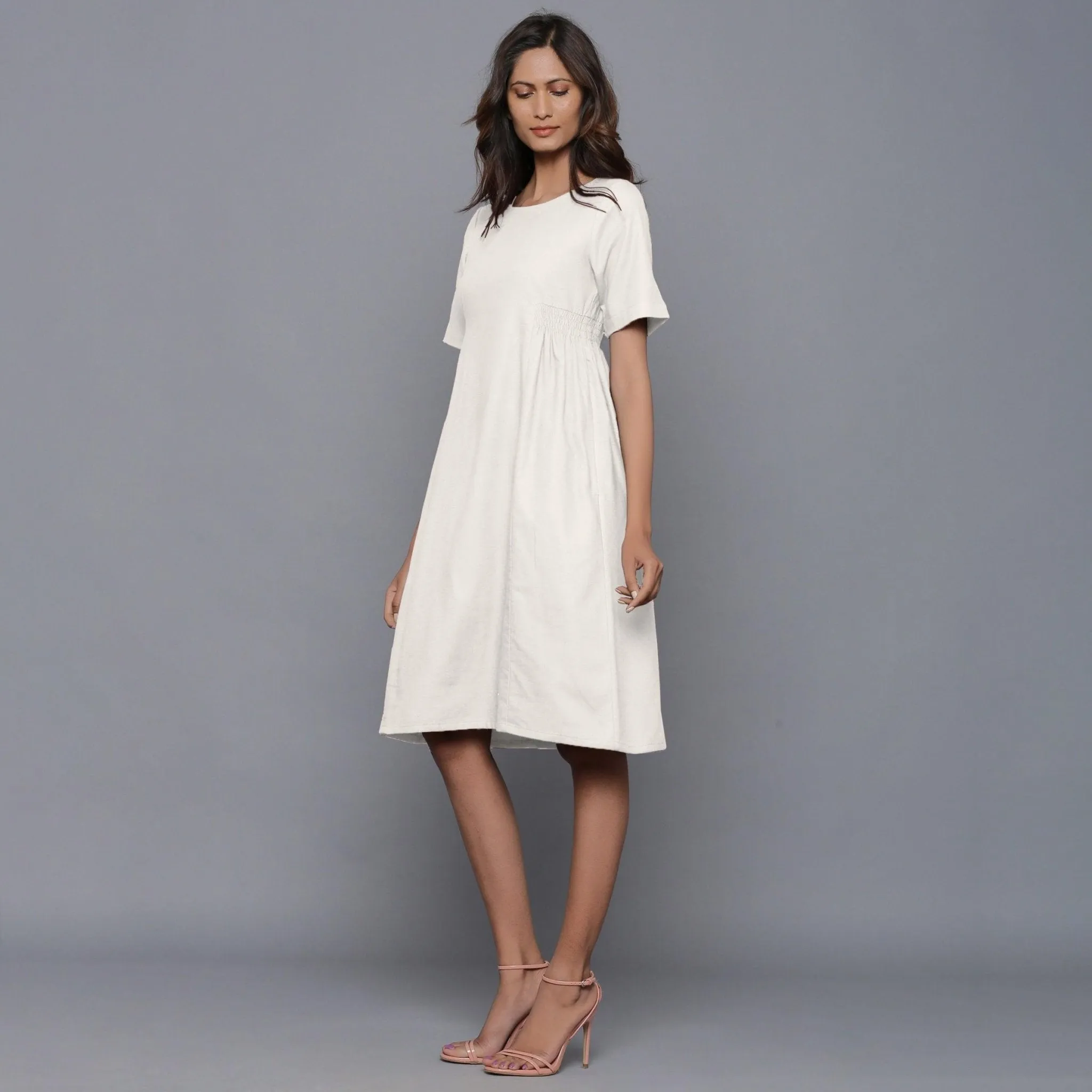 Off-White Warm Cotton Flannel Knee Length Dress
